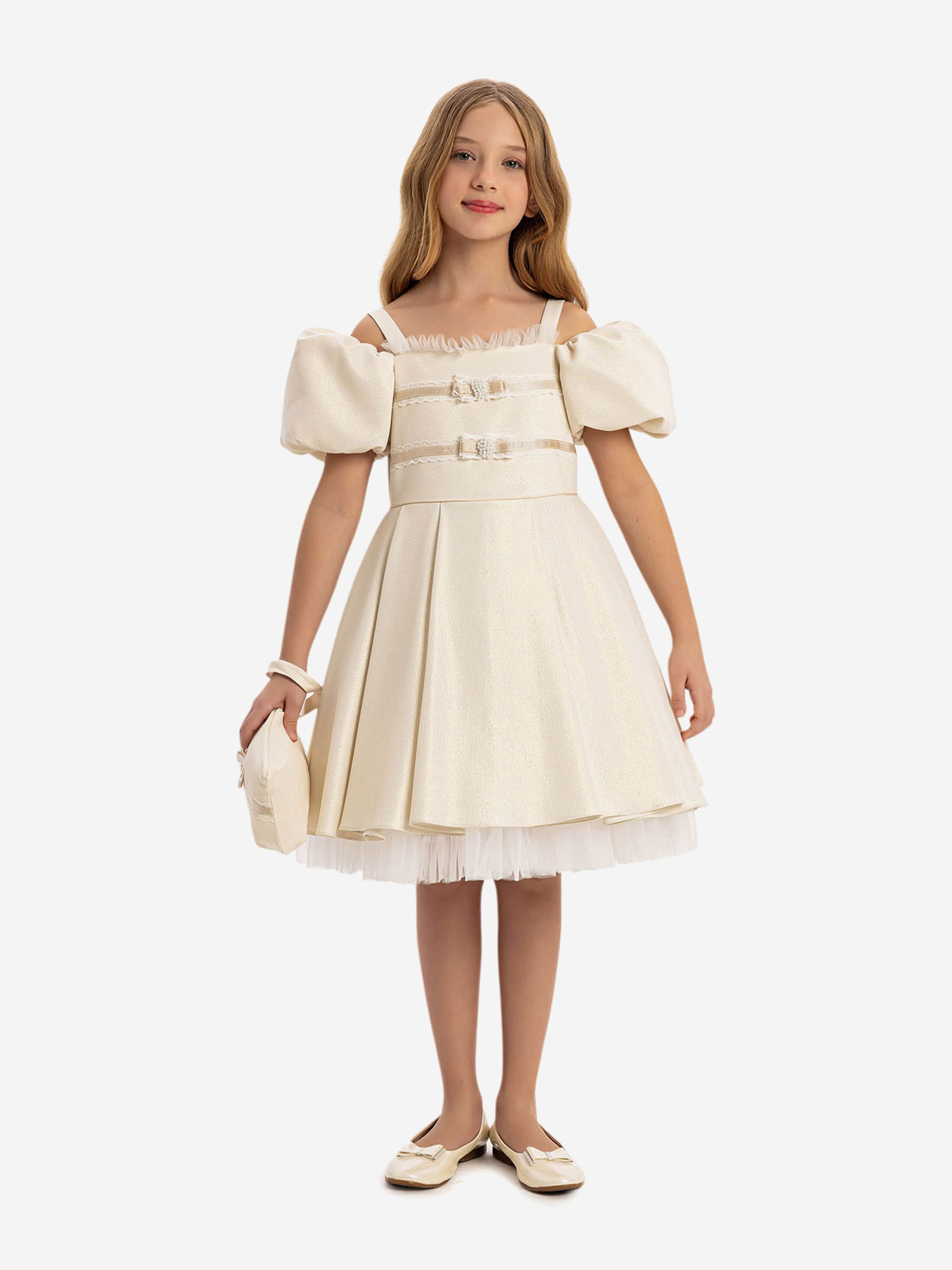 DRESS & Fleur Girls Puff Sleeve Dress with Bag in Beige 10 Years By Childsplay Clothing