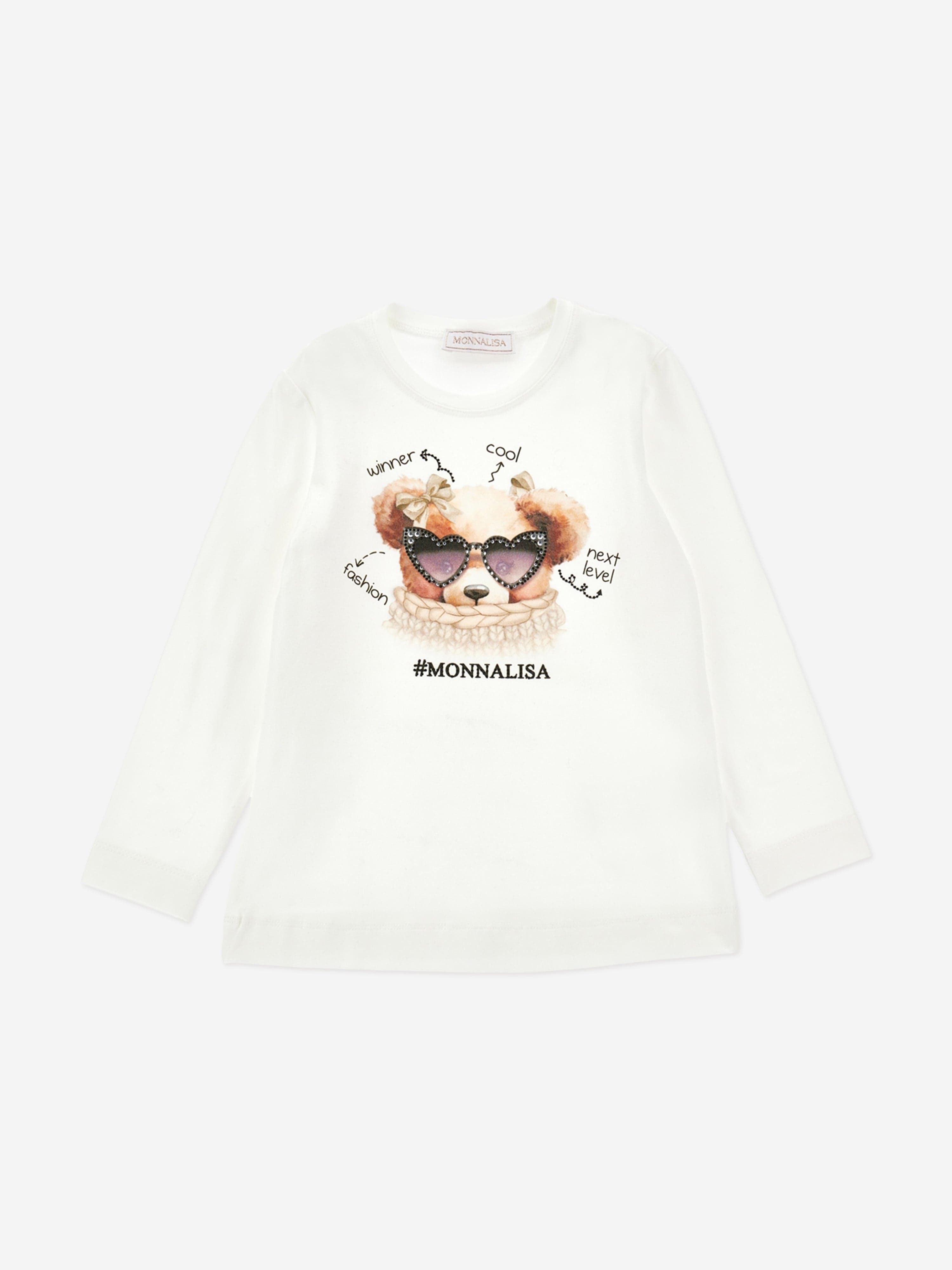 Monnalisa Girls Long Sleeve Teddy T-Shirt in Ivory 4 Years By Childsplay Clothing